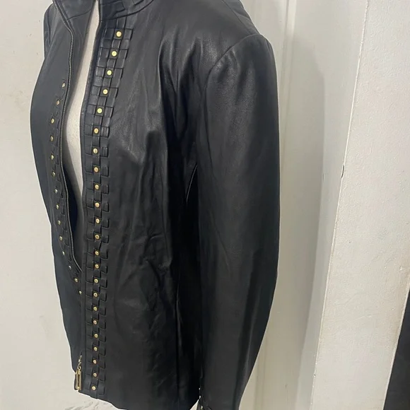 Black ST JOHN SPORT Leather Jacket with Gold Accents - Picture 4 of 9